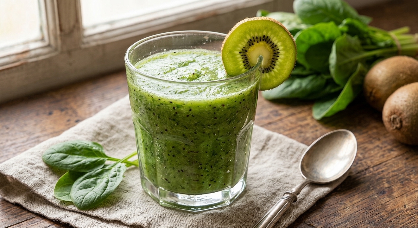Un primer plano de un vaso de batido verde vibrante y texturizado, decorado con una rodaja de kiwi en el borde, sobre una servilleta de lino gris y una mesa de madera rústica. Al fondo, se ven hojas de espinaca frescas, kiwis enteros y una cuchara vintage, todo iluminado por luz natural.