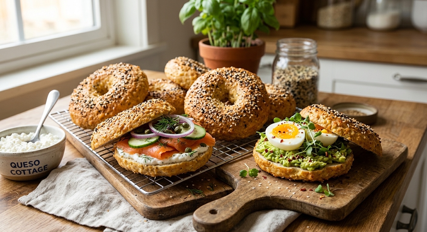 Fotografía realista de apetitosos bagels de queso cottage recién horneados sobre una tabla de madera en una cocina luminosa. En primer plano, destacan dos mitades preparadas como opciones saludables: una con salmón ahumado, pepino, cebolla y alcaparras; y otra con aguacate machacado, huevo cocido y germinados. A la izquierda, un pequeño cuenco rústico indica 'QUESO COTTAGE