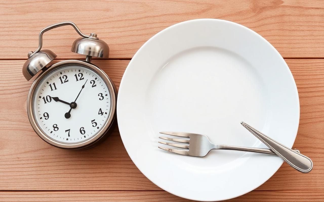 Reloj y plato vacío junto a fruta y agua representando ventana de ayuno intermitente 16/8