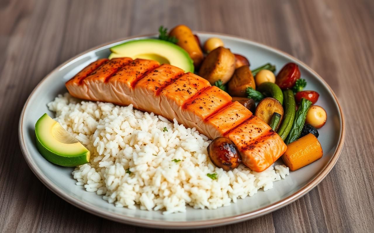 Plato con arroz, salmón, brócoli y aguacate para volumen limpio