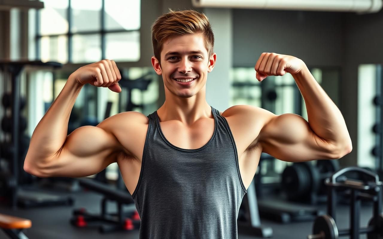Hombre joven entrenando con mancuernas en su primer año de gimnasio, aprovechando ganancias de novato