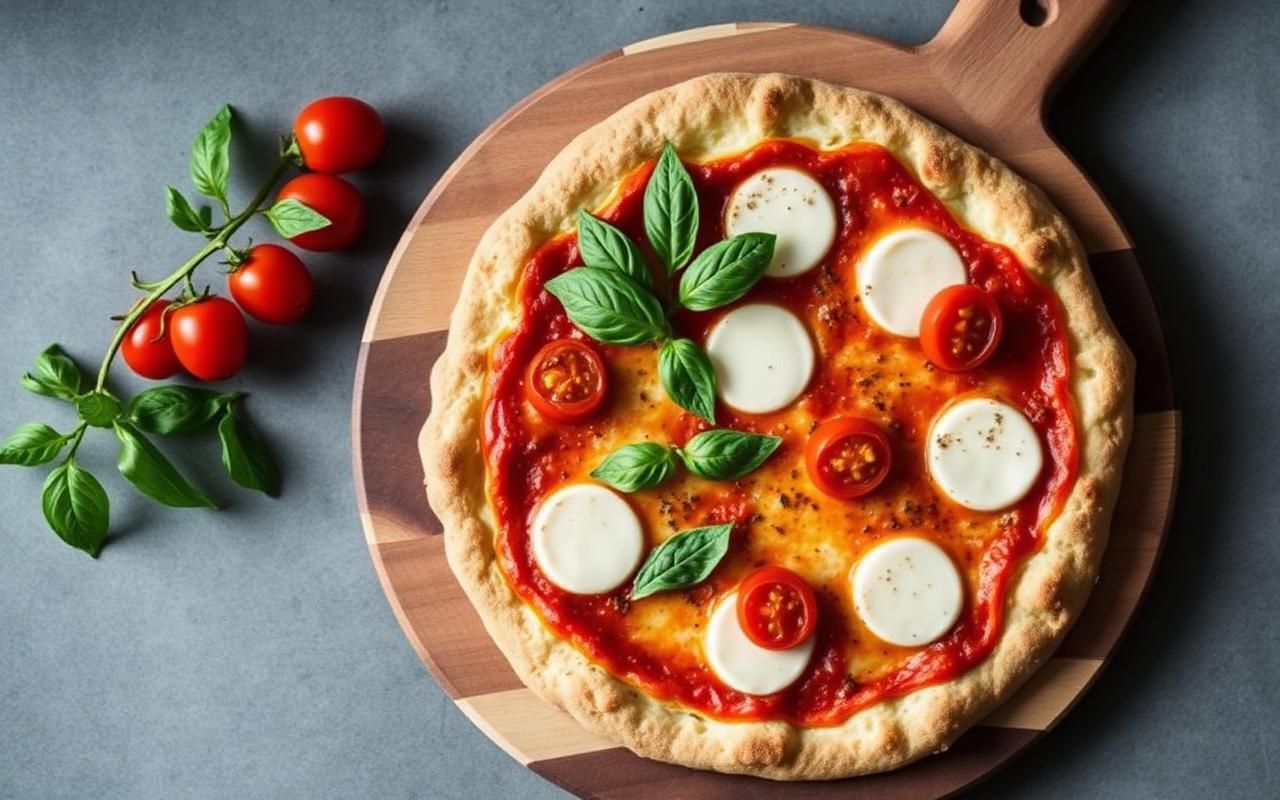 Pizza casera con base de coliflor crujiente, tomate, mozzarella ligera y rúcula fresca