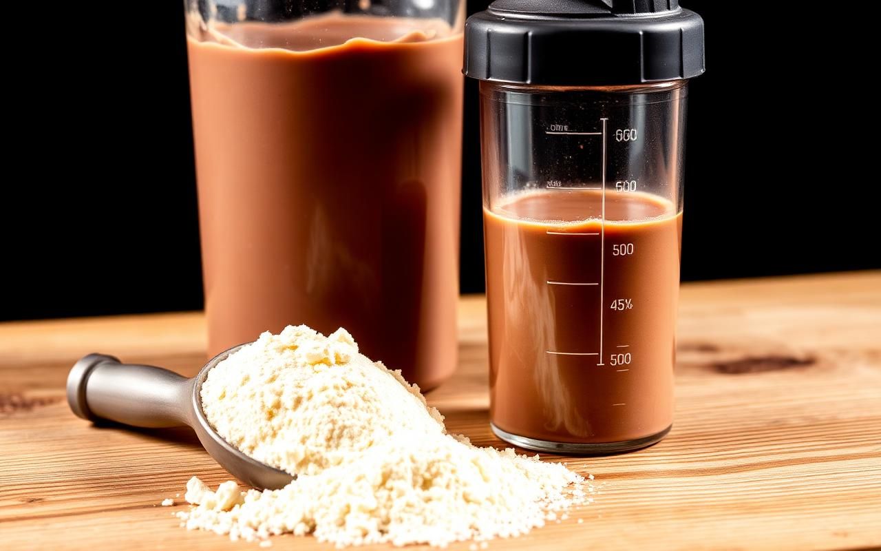 Cuchara dosificadora con proteína whey en polvo y shaker en una cocina luminosa