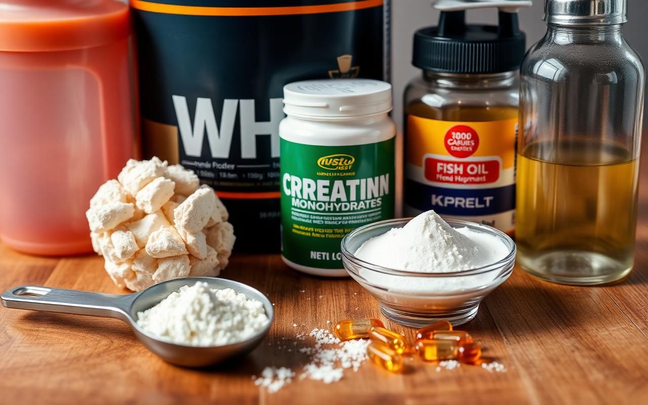 Bote de proteína whey junto a creatina monohidrato y café como suplementos para hipertrofia