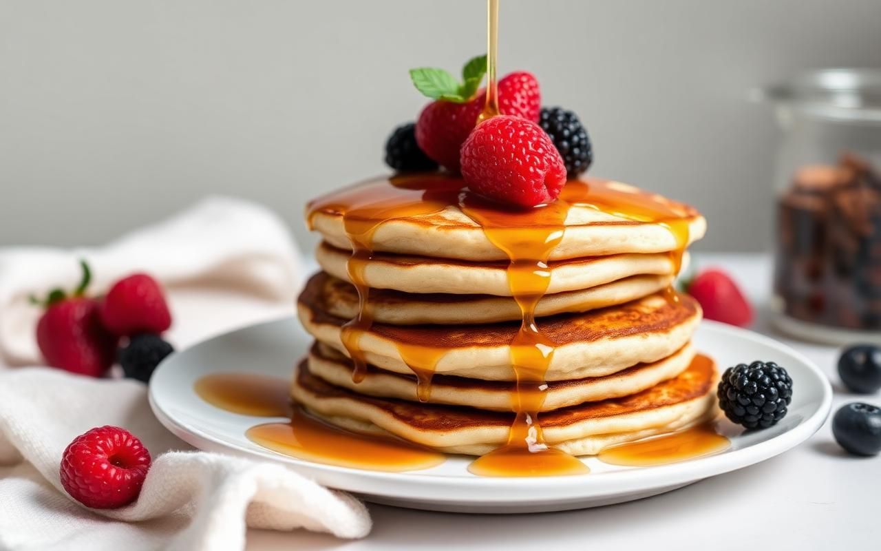 Pila de tortitas proteicas esponjosas con plátano, frutos rojos y crema de cacahuete